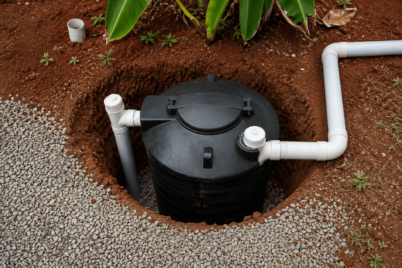 Water tank converted to septic system with drain bed