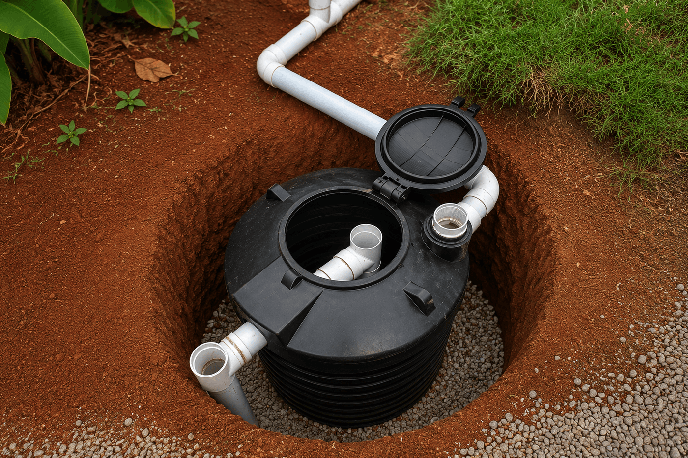 Water tank converted to septic system with drain bed